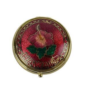 Vintage Cloisonné Red Gold Hawaii Flower Pill Box Divided Interior